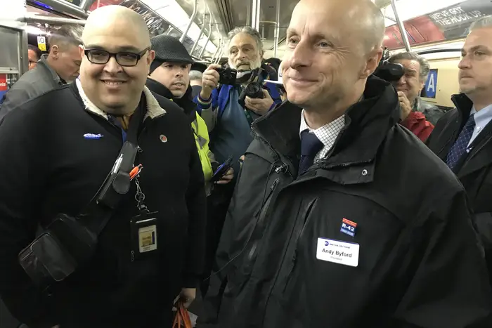 NYC Transit President Andy Byford on the last R-42 train car subway car along the A line February 12, 2020.